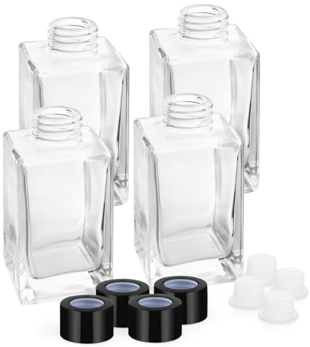 4 Pack 120ml/4.06oz Clear Glass Diffuser Bottles Square Refillable Fragrance Diffuser Jars Essential Oil Containers with Black Caps for DIY Replacement Reed Diffuser Set