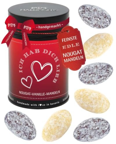 Hallingers Genuss Manufaktur Nougat-Mandeln Valentinstagsgeschenk - von Hand in der Manufaktur schokoliert ohne Alkohol in der Geschenkdose Ich hab Dich lieb, Valentintstag für Frauen Männer