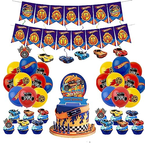 Miotlsy Cars Geburtstag Dekoration 50 Pcs Geburtstagsparty Dekoration Geburtstagsdeko Car Luftballons Happy Birthday Banner Cake Topper für Kindergeburtstag Party