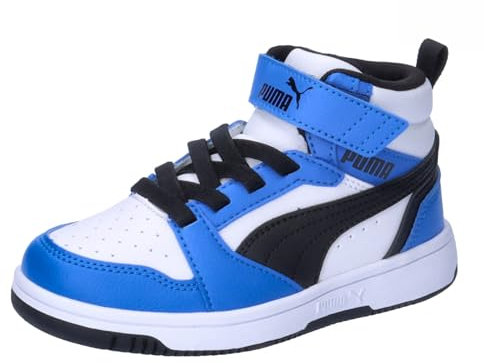 Puma Unisex Kids Puma Rebound V6 Mid Ac+ Ps Sneakers, Puma White-Puma Black-Racing Blue, 32 EU