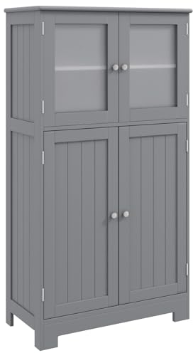 GOPLUS Meuble Salle de Bain, Meuble sur Pied avec Etagère Réglable, avec 4 Portes et Verre Trempé,pour Salon Cuisine Bureau Couloir Style Moderne