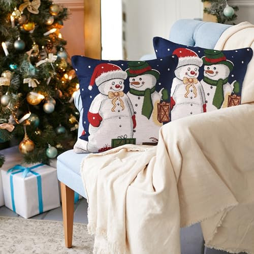 La Maison Kissenbezug für Weihnachten, weich, Baumwolle, Chenille, Gobelin, Weihnachten, festlich, Zierkissen, nordischer Weihnachtsmann, Rentier, Hirsch, Schneemann (2 x Kissenbezüge, Schneemann-Duo)