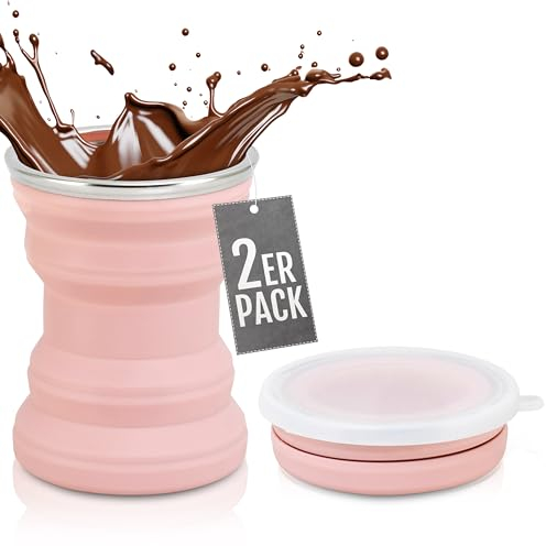 Faltbare Becher für Kaffee to go - Trinkbecher für Camping - Cleveres Camping Gadget und handlicher Reisebecher (Rosa)