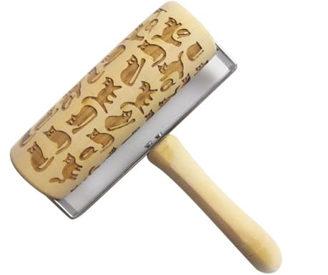Geprägtes Nudelholz aus Holz, 3D-Nudelholz, Weihnachtskatze, Schnee-Blumenmuster, graviert, geprägtes Nudelholz für Weihnachten, Fondant, Pizza, Kuchen, Gebäck, Ton, Basteln, Katze mit Augen