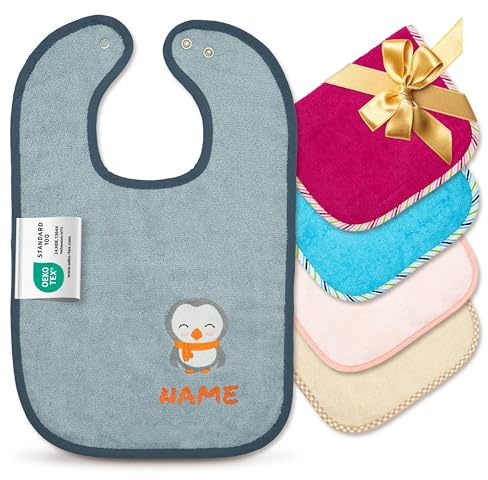 Baby Lätzchen mit Namen bestickt, OEKO-TEX® Standard 100 - Personalisiertes Sabberlätzchen aus reiner Baumwolle mit gesticktem Namen und Motiv (Dunkelblau)