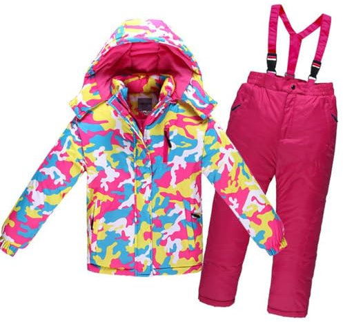 YuanDiann Kinder Skianzug 2 Teiliges Set Skijacke und Skihose Baumwollfüllung Fleece Futter Warm Wasserdicht Snowboarden Jungen Mädchen Schneeanzug für Kinder 110–150 cmRosa Camo 140