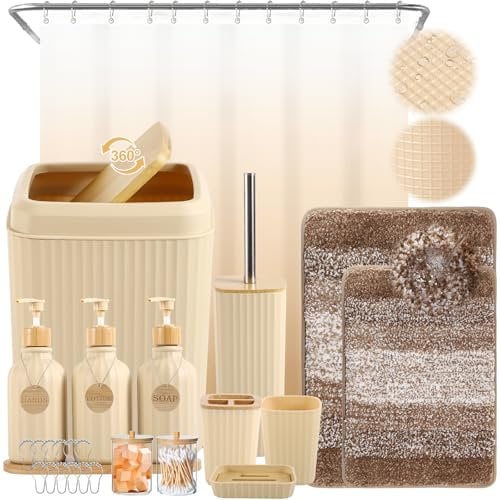 32PCS Beige Bathroom Accessories Set - Shower Curtain, Lotion & Soap Dispenser, Black Decor