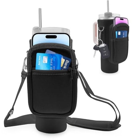 Taladad Water Bottle Carrier Bag with Phone Pocket for Stanley Cup 40 oz Tumbler with Handle, Stanley Holder with Adjustable Shoulder Strap Carabiner for Hiking Travelling Camping (Black)