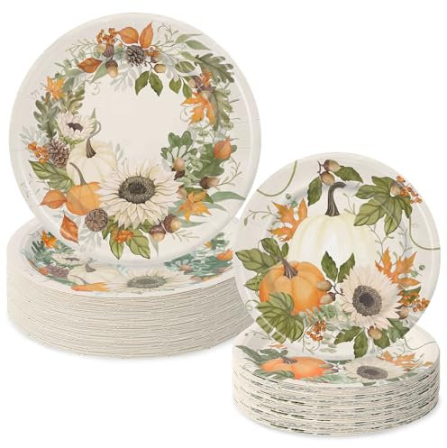 JarThenaAMCS Fall Paper Plates Autumn Leaves Pumpkin Sunflower Disposable Plates 9 Inch & 7 Inch Dessert Plates Serves 24 Thanksgiving Wedding Birthday, 48Pcs