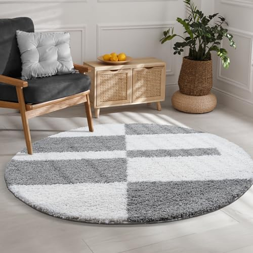 SANAT Milano Shaggy Teppich - Hochflor Teppiche für Wohnzimmer, Schlafzimmer, Küche - Weiss Hellgrau, Größe: 120 cm Rund