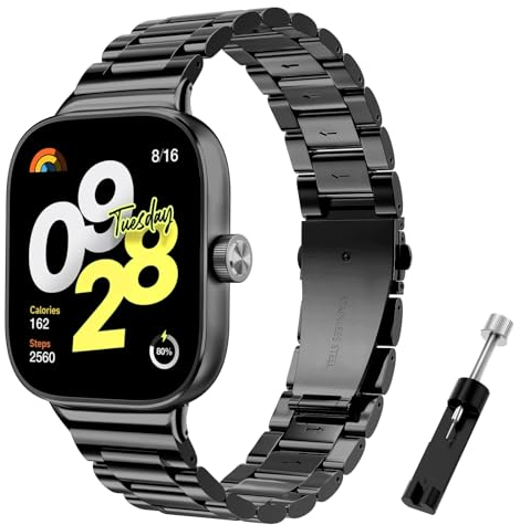 TiMOVO Armband Kompatibel mit RedMi Watch 4, Edelstahl Metall Uhrenarmband für Männer, Verstellbar Ersatzuhrarmband mit Faltbarer Schnalle für Xiaomi Mi Band 8 Pro, Schwarz