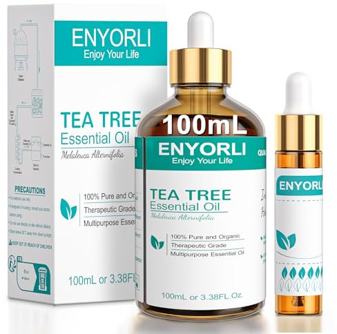 ENYORLI Teebaumöl 100ml Naturrein Tea Tree Oil 100% Reines und Ätherisches Aromatherapieöl Vegan Teebaum Ätherisches Öl für Diffuser,Shampoo, Gesicht,Haut, Nagel