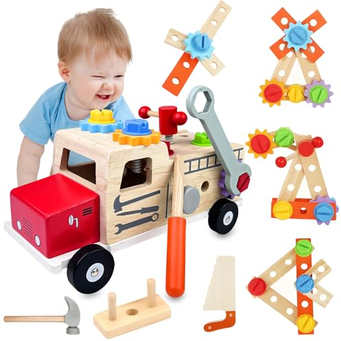 Maxentico Montessori Spielzeug ab 2 Jahre, Kinderspielzeug Spiele, Werkbank Kinder Geschenk Junge Mädchen, Werkzeugkoffer Spielzeug, Holzspielzeug Werkzeug, Kinderwerkzeug Lernspiele ab 2 3 4 5 Jahre