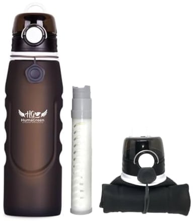 Gourde Filtrante HumaGreen 1 Litre Noire – Filtre à Eau Portable Réutilisable – Élimine 99,99% des Bactéries, Métaux Lourds – Idéal Randonnée, Voyage, Survie, Camping – Marque Française, SAV Rapide