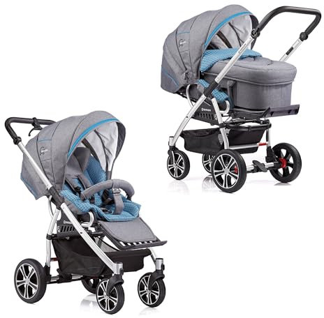 Gesslein F4 Classic Kombikinderwagen 3-in-1 mit Tragetasche C2, Handbremse, 96 cm Liegefläche, Fußsack-Funktion, Babyschalen-Adapter, kompakt klappbar, grau meliert