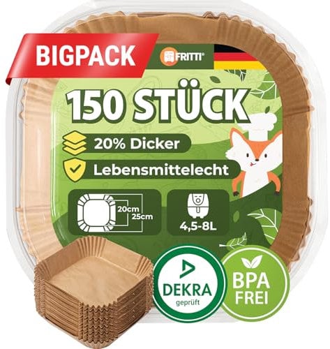 FRITTI Backpapier für Heißluftfritteuse 150 Stück DEKRA geprüft 20-25 cm quadratisch XL Heissluftfritteuse Zubehör Papier für Airfryer 4,5-8L
