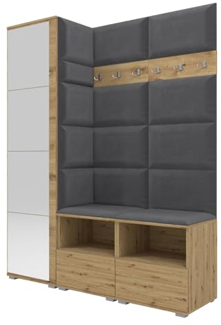 Garderoben-Set Nela II mit Spiegel, 150cm Praktischer Wandgarderobe, zwei Schuhschränke und Hochschrank, gepolsterte Paneele und Montagekleber inklusive (Artisan Eiche + Dunkelgrau (Trinity 15))