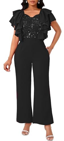 IWFEV Damen Jumpsuit Pailletten Patchwork Overlay Rüschen Ärmellos Volle Länge V-Ausschnitt Strampler mit Taschen, Schwarz, 48