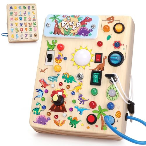 Konijiwa Dinosaur Montessori Spielzeug ab 1 Jahr Busy Board Activity Board Spielzeug ab 2 Jahre Holzspielzeug mit 10 Schalter 23 LED-Leuchten Spielzeug Sensory Learning Toys für 1 2 3 Jahre Jungen