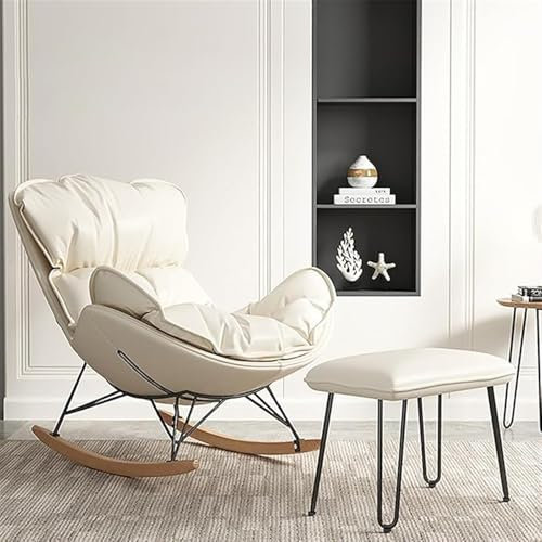 FZZIBQYR Schaukelstuhl mit Fußstütze, moderner Schaukelstuhl, bequemer Liegestuhl, Möbel, Freizeitstuhl, Lazy Home, Einzelsofa, Balkon-Lounge-Schaukelstuhl für Erwachsene (cremefarben, Standardstil)