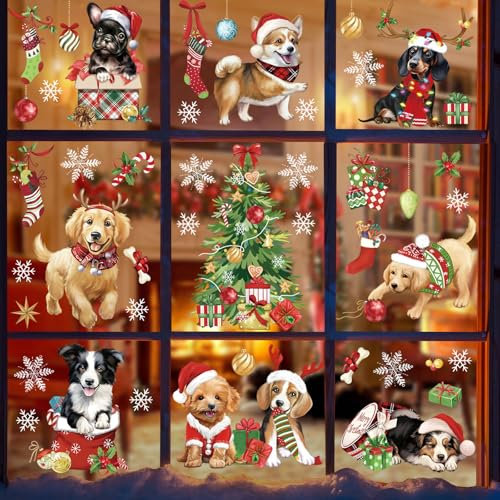 wondever Fenstersticker Weihnachten Welpen Haustiere Fenster Aufkleber Weihnachten Hunde Weihnachtsbaum Fensterbilder Fensteraufkleber Anti-Kollision Doppelseitig Glasaufkleber Weihnachten Deko