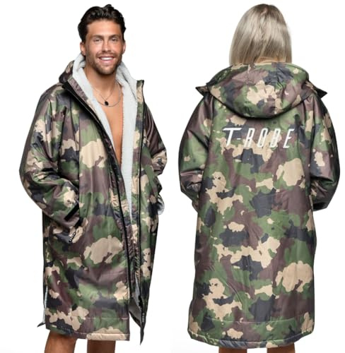 Totalcool T-Robe Wasserdichter Wickelmantel für Erwachsene, langärmelig, Herren-Bademantel, Surfen, wetterfest, schnell trocknend, warm, Sherpa-Fleece-gefütterte Jacke, Grau/Camouflage, S