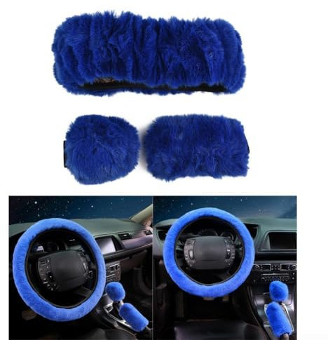 Kuscheln Sie Ihre Hände mit diesem Plüsch-Auto-Lenkradbezug-Set aus 3 Teilen (blau)