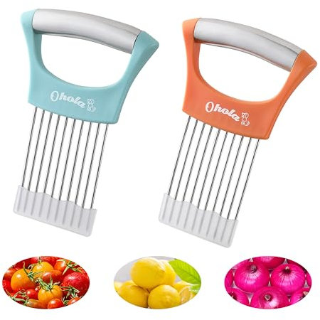 2PCS Onion Slicer Holder, OHOLA Stainless Steel Onion Cutter for Slicing and Storage Onions, Tomato, Eggs and Vegetables, Protective Cover Included, Dishwasher Safe (Stylish Dog Pattern)