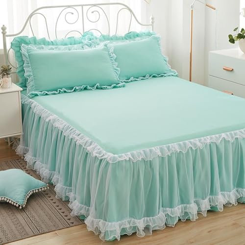 Epinki Bettrock 150x200cm Atmungsaktiv, Spitze Bettrock Elastisch Einfarbig Grün Faltenresistent und Ausbleichen, Polyester Betttuch für alle Jahreszeiten