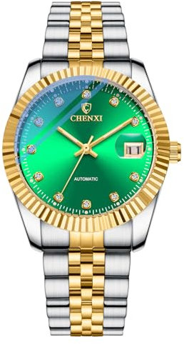 JewelryWe Herrenuhr Leuchtende Automatik Uhren: 30m Wasserdicht Kalender Automatische Mechanische Armbanduhr Herren Edelstahl Armband Automatikuhr mit Grün Diamantskala Zifferblatt