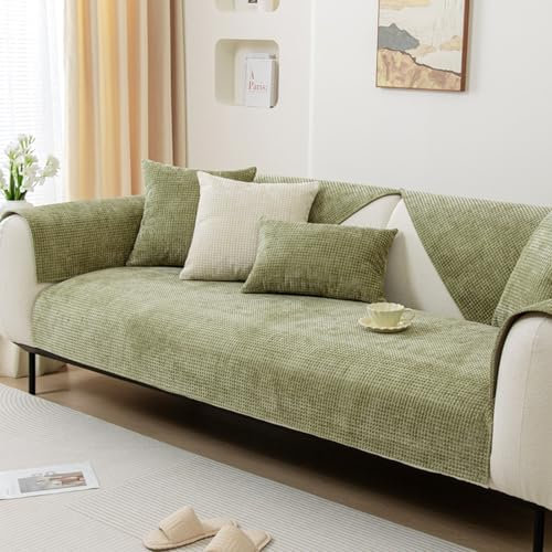Dicker Chenille-Sofa-Schonbezug für Ecken, L-U-Form, Sektionalcouch, Rebellische Katzen, Hunde, 1-, 2-, 3-, 4-Sitzer, Leder/Holz/Stoff, Sofakissenbezüge, Grün, 110 x 210 cm