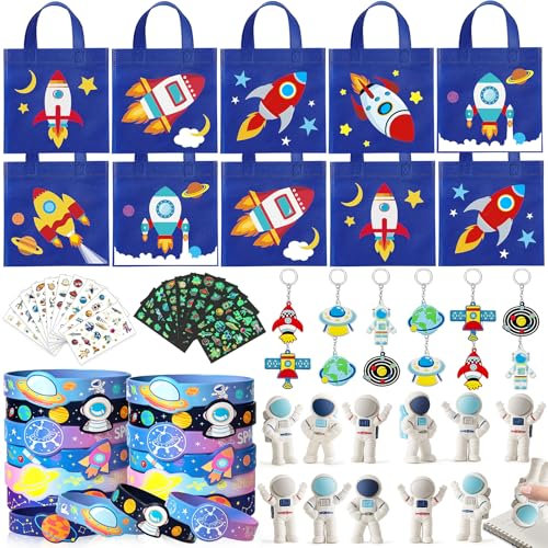 Toyssa Space Mitgebsel Kindergeburtstag Gastgeschenke mit Geschenktüten Astronaut Radiergummi Kinder Silikonarmband Schlüsselanhänger Aufkleber Weltraum Pinata Füllung Give Aways Kindergeburtstag