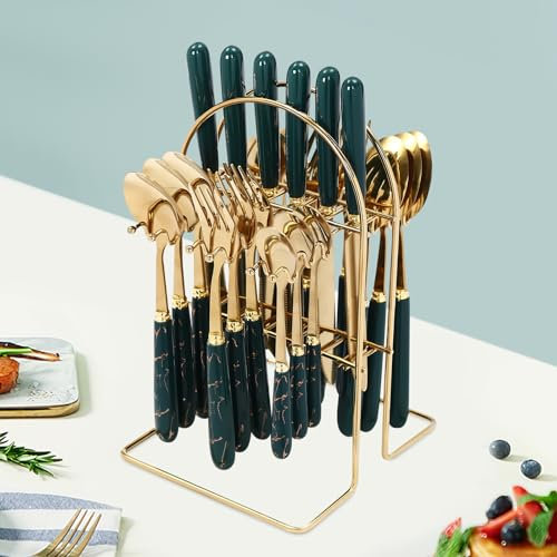 24-Piece Stainless Steel Dinner Cutlery Set with Stand Metal Rack Storage Knives Spoons Forks Teaspoons for Family Restaurants Kitchens Restaurants Hotels Parties etc (Dark Green Handle with Stripes)