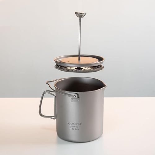 COMTAI Titanium French Press Pot 1000mL/35 fl ozCoffee Maker Camping with Lid and Filter Titanium French Press Cup Backpacking for Outdoor Hiking Camp (1000ml)