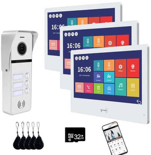 ANJIELO SMART Wired Video Doorbell Apartment Intercom System 3 Units 10 Inches Touch Monitor Wireless WiFi 1080P Camera Phone Kit, (1 White doorbell+3 White Monitor)
