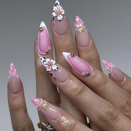 24pcs Medium Almond Press on Nails French Tip False Nails 3D White Flower Pink Fake Nails Gold Star Seashell Stick on Nails Removable Glue-on Acrylic Nail Tips Spring Summer Accessories for Women
