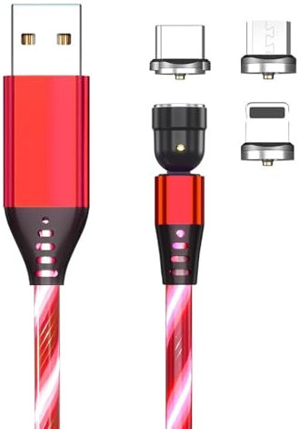 Reflex Power Câble de charge USB magnétique 3 en 1 rotatif à 540° pour iPhone/iPad, micro USB, Type-C, charge rapide 2,4 A, TPE durable, rotation à 360°/180°, LED rouge brillant
