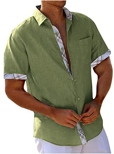 UHouse Chemise Homme en Cotton Lin Vetement Manches Courtes D'Été Chemises Leger Décontracté Chemisette Respirant Habit Col Mao Court Fin Cut Button Down Shirt Vert 3XL