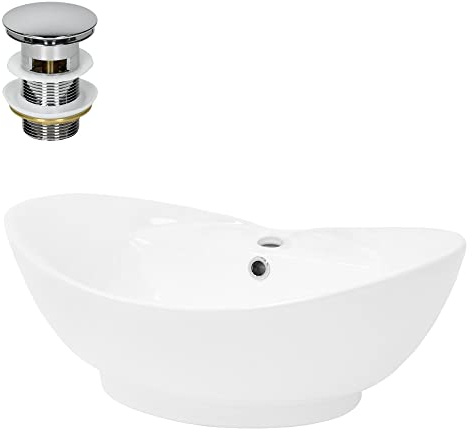 LuxeBath Lavabo in Ceramica Bianco Lucido 59 x 20,5 x 39,5 cm Lavandino da Appoggio Moderno Bacinella Lavamani per Bagno Lavello con Set di Scarico Standard Cromato