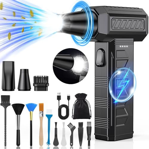 BKXCHA Souffleur Air Comprimé avec Lumière LED, 150000 TR/Min Souffleur avec Batterie 6000mAh, 3 Vitesses Mini Souffleur Sans fil avec Kit de Brosses de Nettoyage pour Voiture, Maison, Clavier, PC