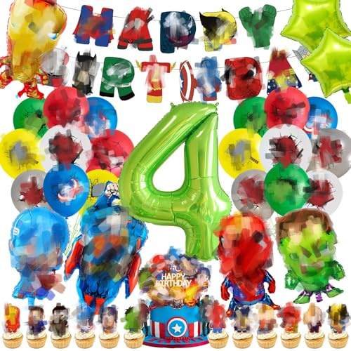 Geburtstagsdeko kingder 4 jahre, 3D Super Luftballon Kindergeburtstag Deko Geburtstag Happy Birthday Banner Latexballons Folienballon Junge für 4 Themen Kinderpartys Geburtstags