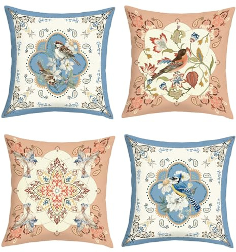 Joymaison Kissenbezüge 45x45 4er Set Sommer Vintage Orange Blau Blume Vögel | Deko Kissenhülle Frühling Rosa Bauernhaus Blumen Botanisch Garten Outdoor Dekorative Kissenbezug Kissen für Couch Sofa