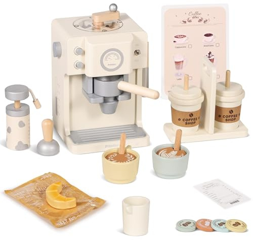 Pithfor Kids Wooden Coffee Playset with Grinder, Toy Coffee Maker for Kids Toddlers, Pretend Play Kitchen Appliances & Accessories Toy Gift for Boys Girls