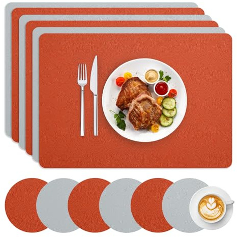 AiiBowy Tischsets Abwaschbar 6er Set, Platzsets Lederoptik - mit Untersetzer,Doppelseitigen, Hitzebeständig, rutschfest, Abgrifffeste - PVC Platzdeckchen: 30x43cm (Rechteckig, Orange+Grau)