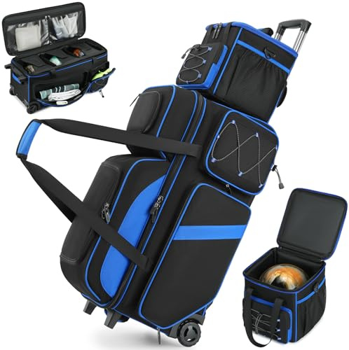 FFOGH 4 Ball Bowling Bag with Wheels, 3 Ball Bowling Bags Roller with 1 Ball Add On Bag, Multi-Pockets & Shoe Compartment (Fits Up to Size 16), Blue