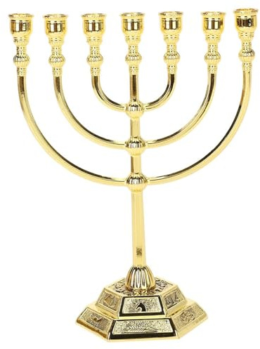 Chanukka-Menora, Menorah 7 Zweig mit 12 Stämmen Israels, jüdischer Kerzenhalter aus Zinklegierung mit stabiler Basis für Heimbüro, Wohnzimmer, Schreibtischdekoration, goldener Chanukka-Kerzenhalter