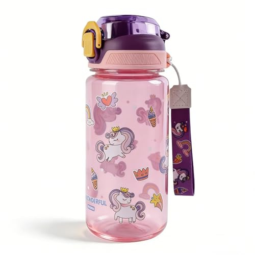 MHwan Trinkflasche Kinder, 600ml, Kohlensäure Geeignet, Auslaufsicher, BPA-Frei, One-Touch-Öffnung, Leicht zu Reinigen, Wasserflasche mit Großem Fassungsvermögen, Geeignet für Schule (Einhorn)