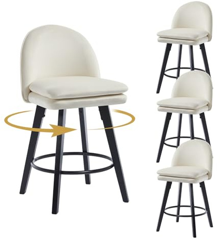 Chummaven Tabouret de Bar Pivotant Lot de 4, Chaise de Bar Cuisine Moderne en Velours, Chaise Haute Bar Rembourrée avec Dossier Pieds en Bois, Hauteur d'Assise 65 cm pour Îlot Central, Beige