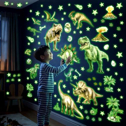 DECOWALL Dinosaurier Leuchtsticker T-Rex Triceratops Wandtattoo (GDS4-7004) | Leuchtende Dino-Deko mit T-Rex, Triceratops, Vulkan & Sternen; 15–30 Min. Lichtaufnahme für stärkeren Leuchteffekt