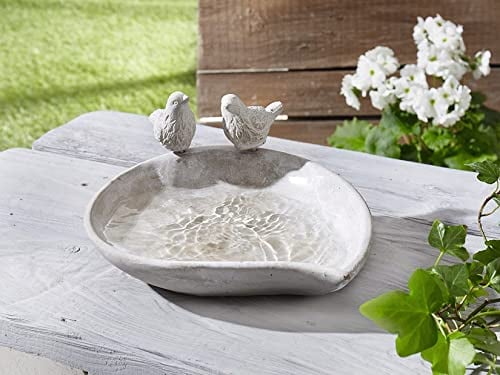 Vogeltränke Piepmatz aus Zement in Beton Optik, grau, mit 2 Deko Vögel, Futterstelle, Wassertränke, Wasserschale, Garten-Deko für Draußen